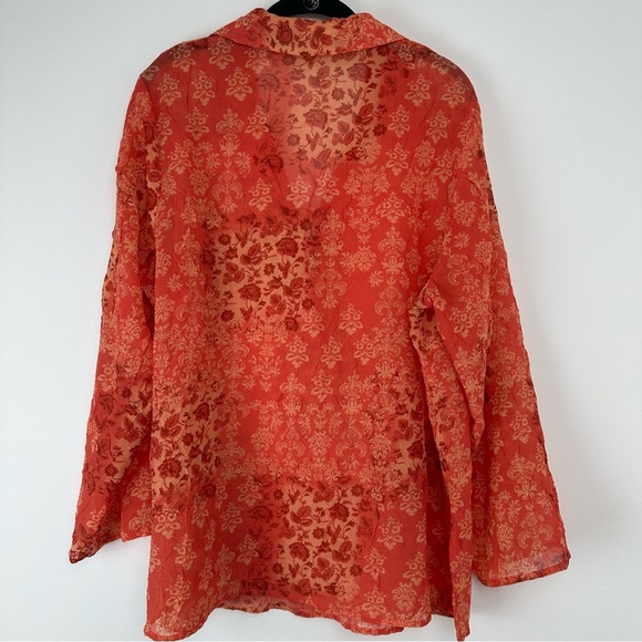 Women's Top Plus Size 14w/16w Orange Sheer Floral Textured Boho Hippie Patchwork - Picture 2 of 8